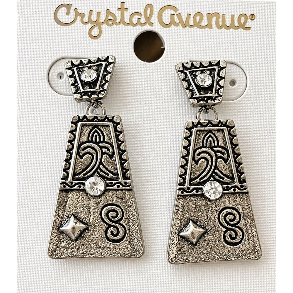 Southwestern Boho Dangle Earrings Silver Tone Geometric Clear Rhinestone 1.5" L